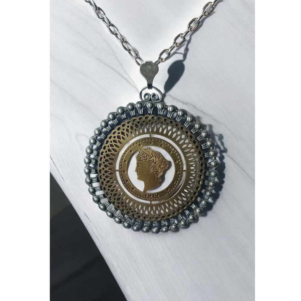 1913 Liberty Coin Medallion Necklace Two Tone Openwork Pendant Heirloom Revival